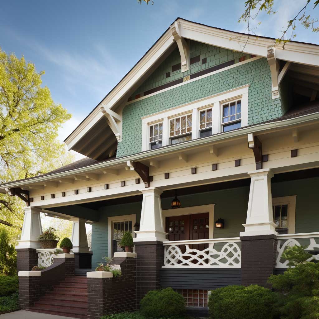 A craftsman style gable cornice provides a unique architectural element to a suburban residence, adding depth and interest to the facade.