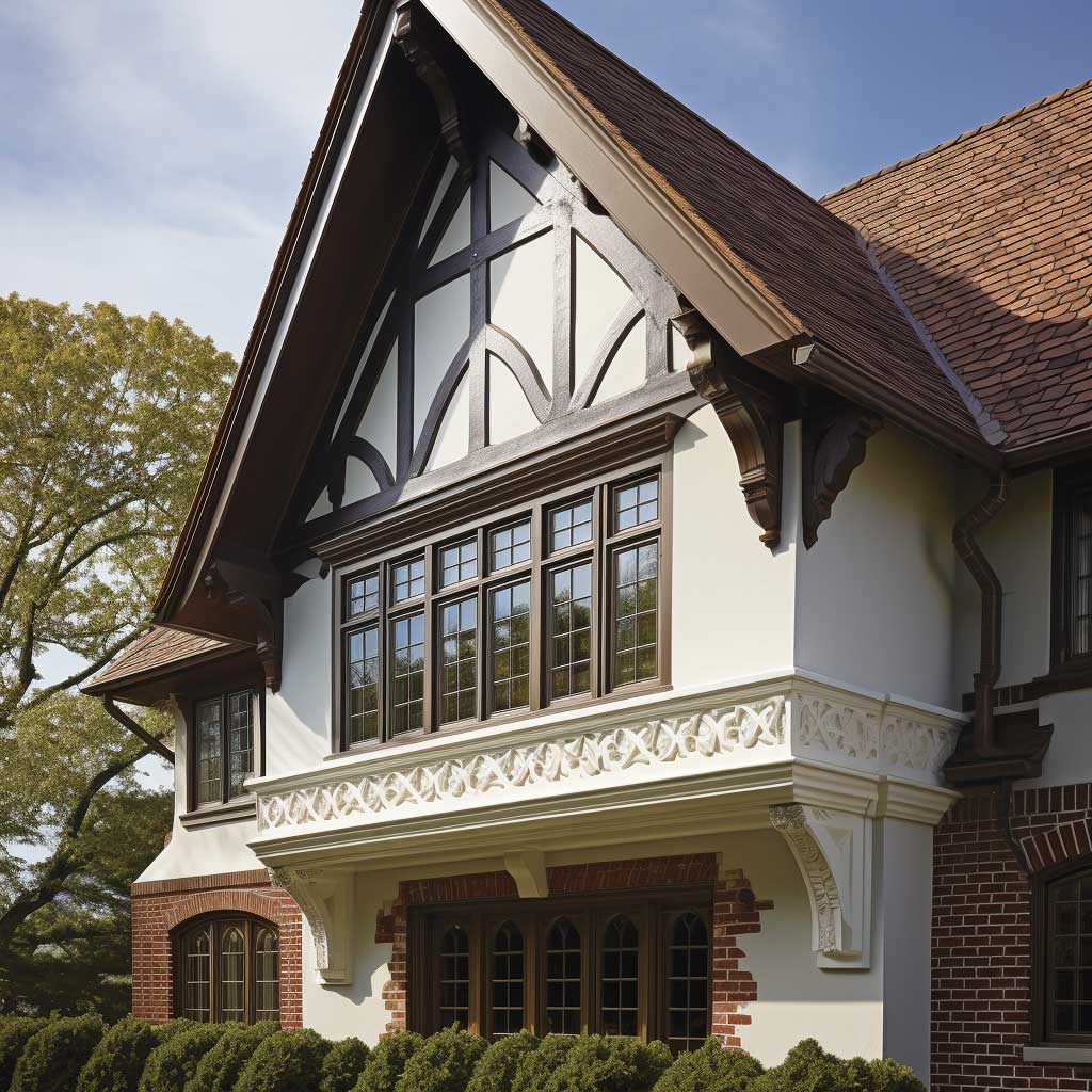A gable cornice, reminiscent of the Tudor period, crowns a beautiful residence, providing a distinct and eye-catching architectural feature.