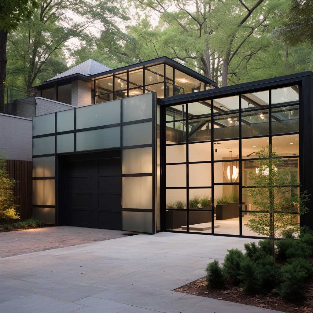 A unique and stylish garage gate made from clear glass panels, presenting a modern and innovative twist to the home's exterior design.