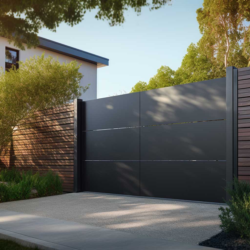 A sleek, modern garage gate made from polished steel, reflecting a contemporary and stylish look that complements the house's facade.