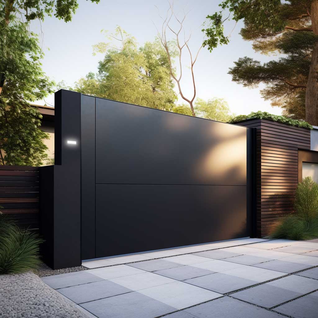 A sleek, modern garage gate made from polished steel, reflecting a contemporary and stylish look that complements the house's facade.