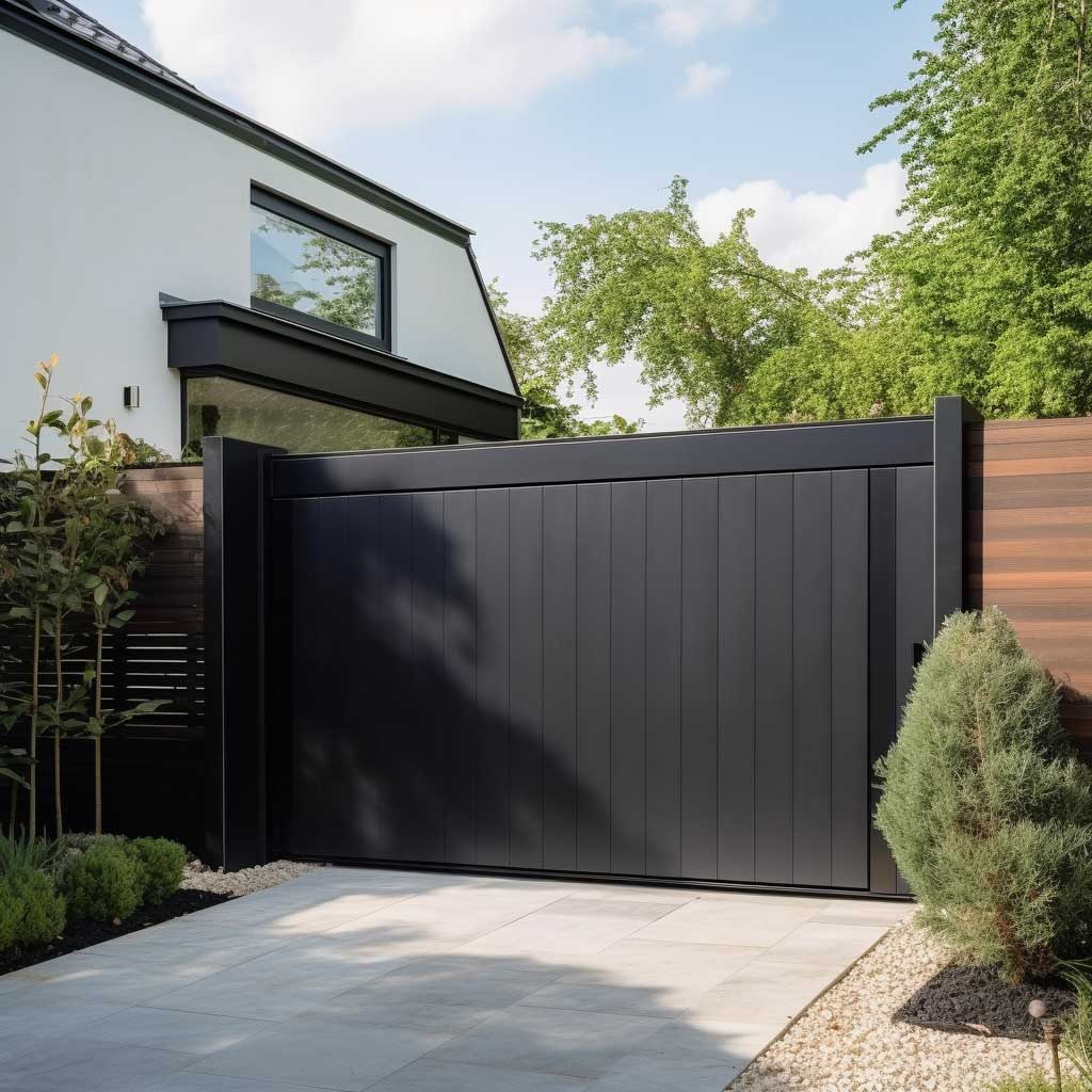 A sleek, modern garage gate made from polished steel, reflecting a contemporary and stylish look that complements the house's facade.
