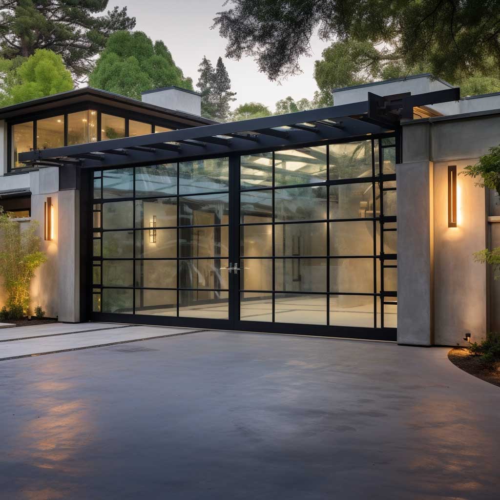 A unique and stylish garage gate made from clear glass panels, presenting a modern and innovative twist to the home's exterior design.