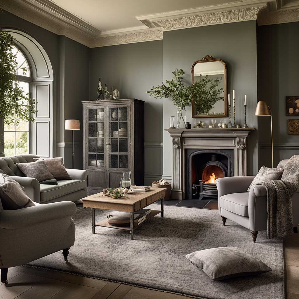 A captivating vintage living room with varying shades of grey, complimented by antiquated decor and furniture, bathed in the soft daylight streaming through the draped windows.