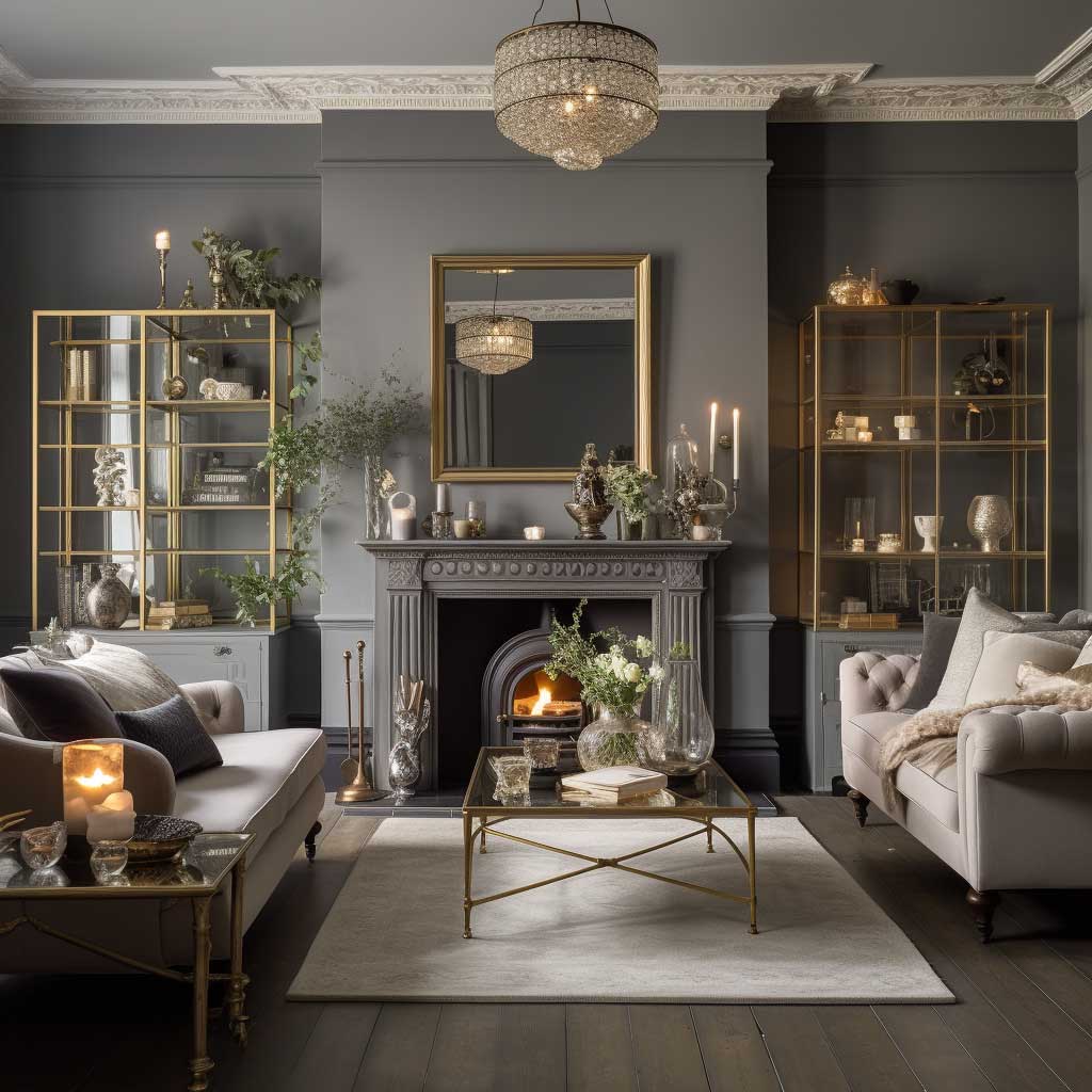 A captivating vintage living room with varying shades of grey, complimented by antiquated decor and furniture, bathed in the soft daylight streaming through the draped windows.
