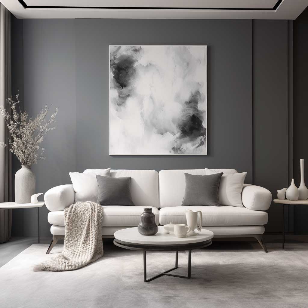 An elegantly designed living room featuring grey-toned furnishings with sleek lines and modern touches, all bathing in the warm, soft glow of minimalist lighting.