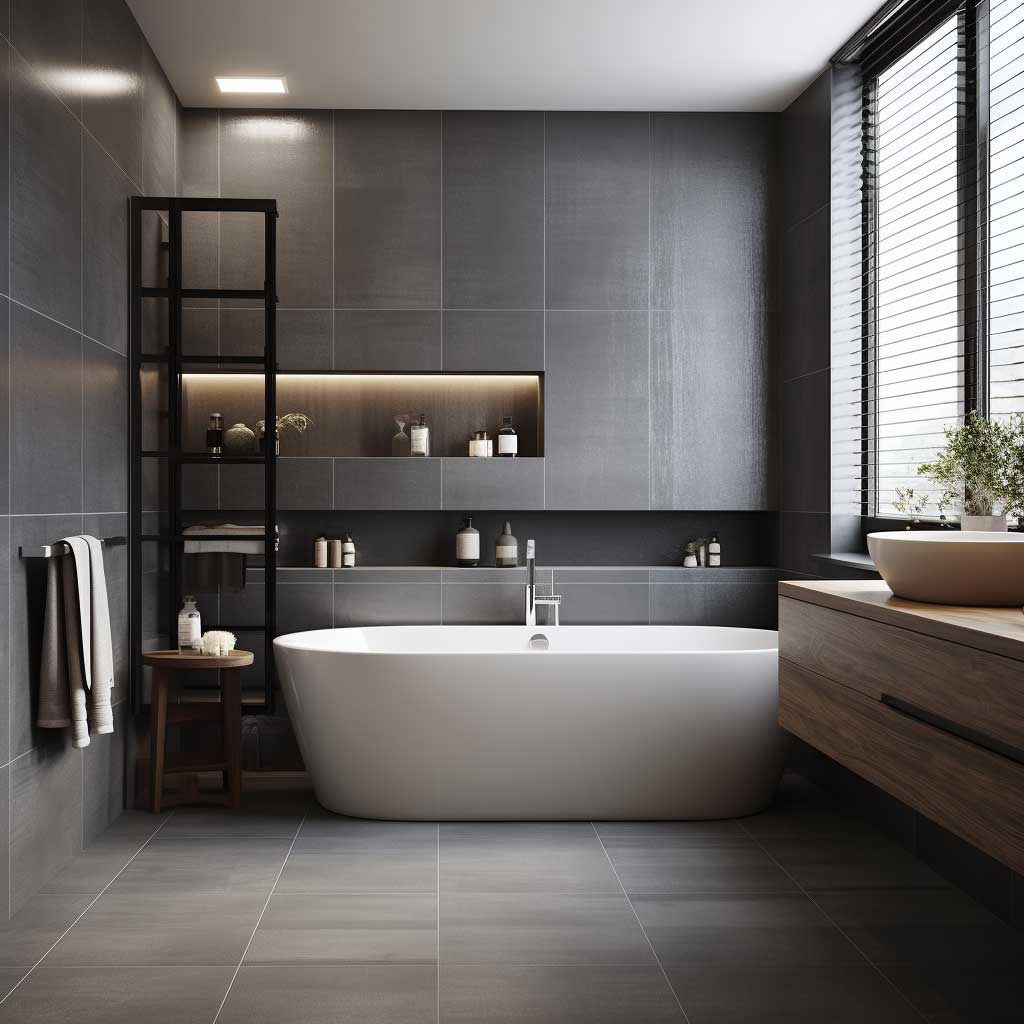 The image shows a sleek bathroom dominated by large-format grey tiles that lend an air of modern elegance.