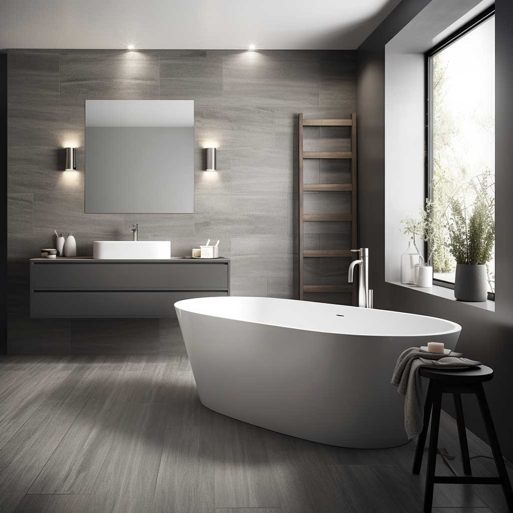 The picture features a modern grey bathroom showcasing a stunning free-standing bathtub and a sleek, wall-mounted vanity unit in matching grey tones.