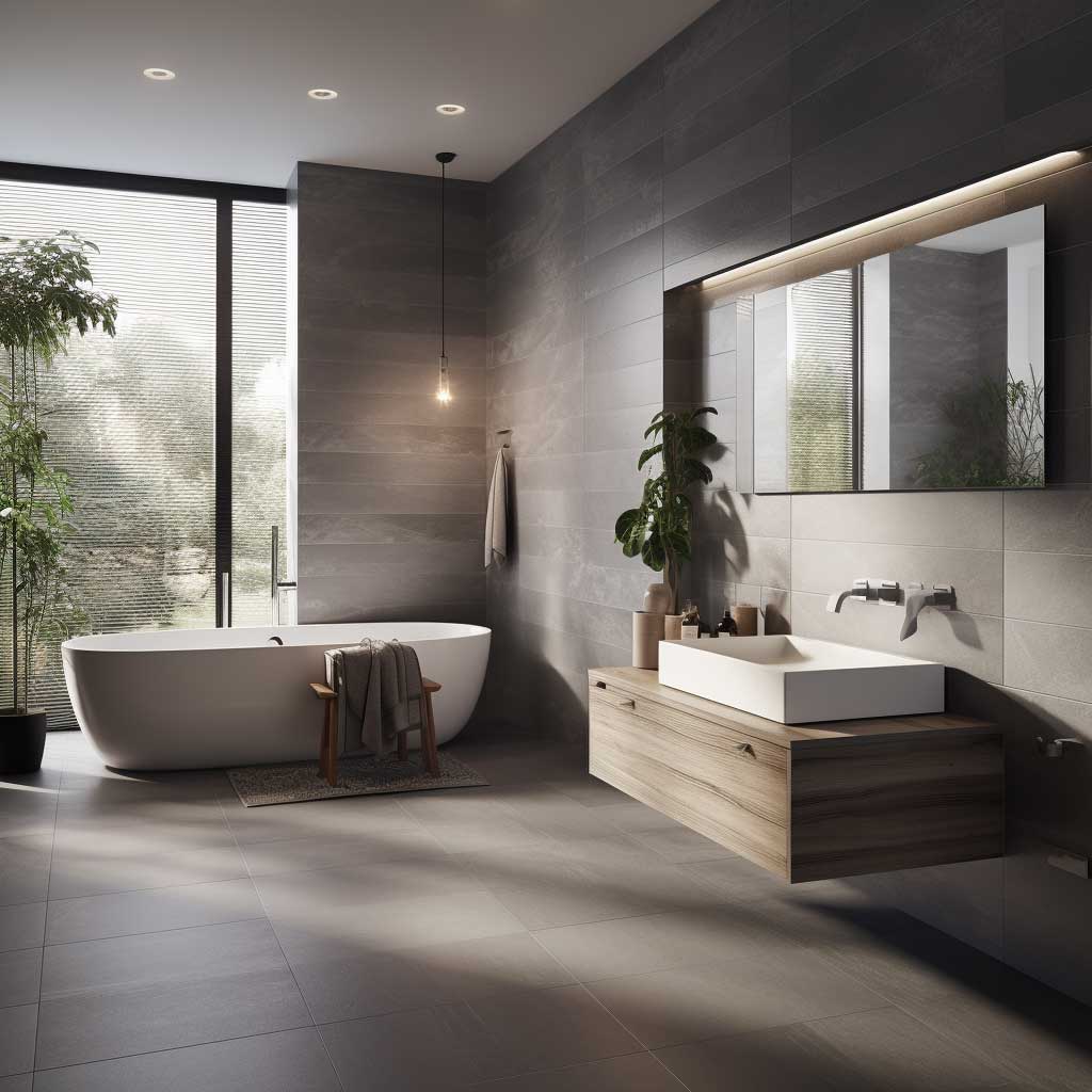 The picture features a modern grey bathroom showcasing a stunning free-standing bathtub and a sleek, wall-mounted vanity unit in matching grey tones.