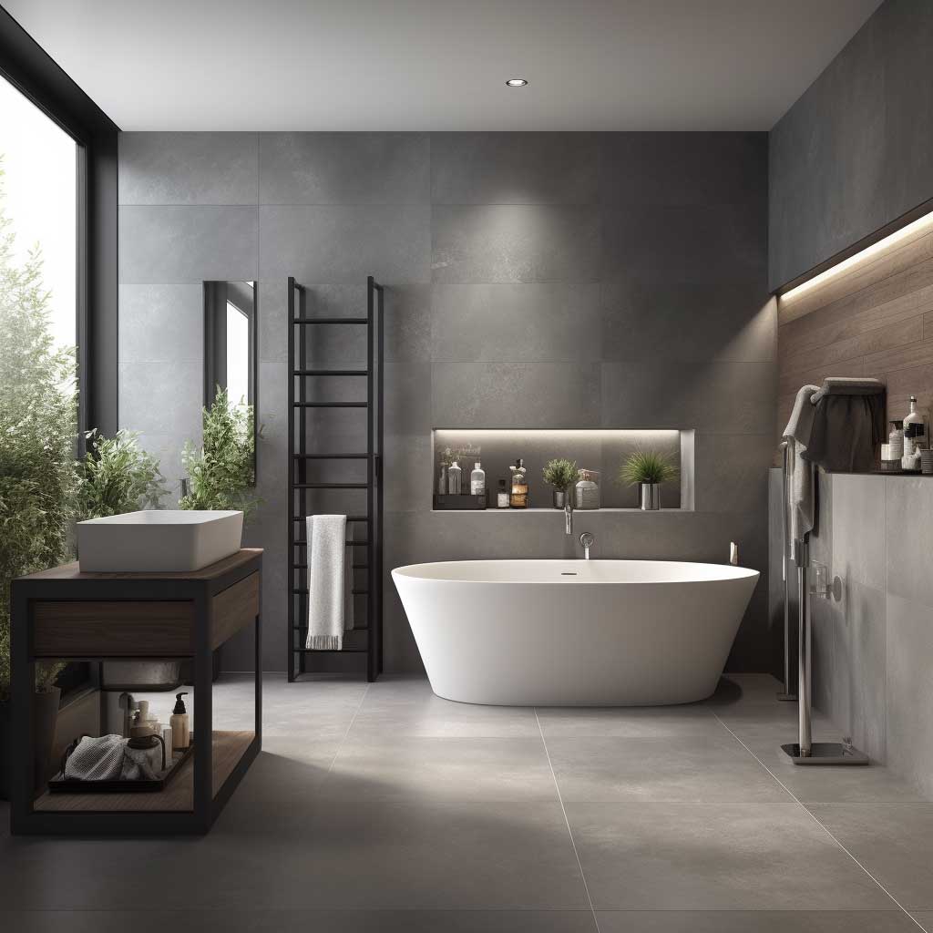The picture features a modern grey bathroom showcasing a stunning free-standing bathtub and a sleek, wall-mounted vanity unit in matching grey tones.