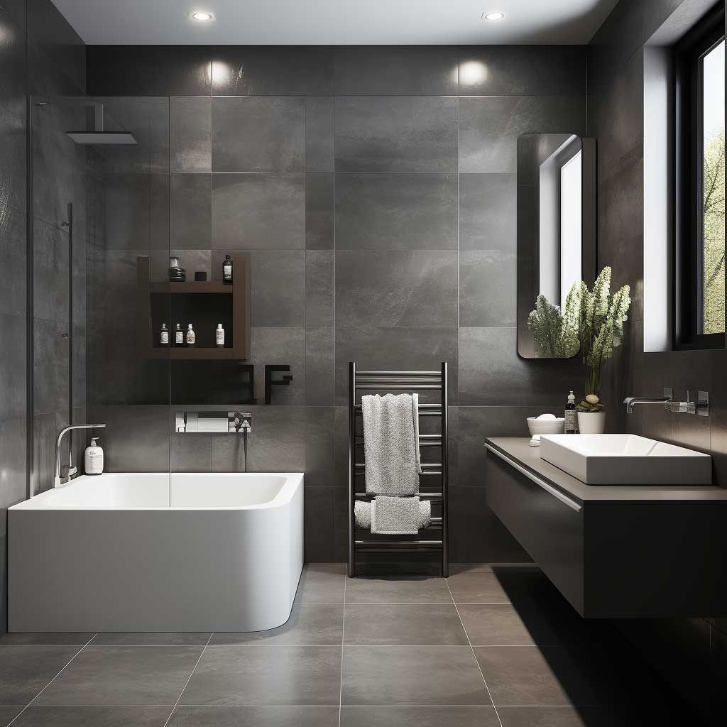 The image shows a sleek bathroom dominated by large-format grey tiles that lend an air of modern elegance.
