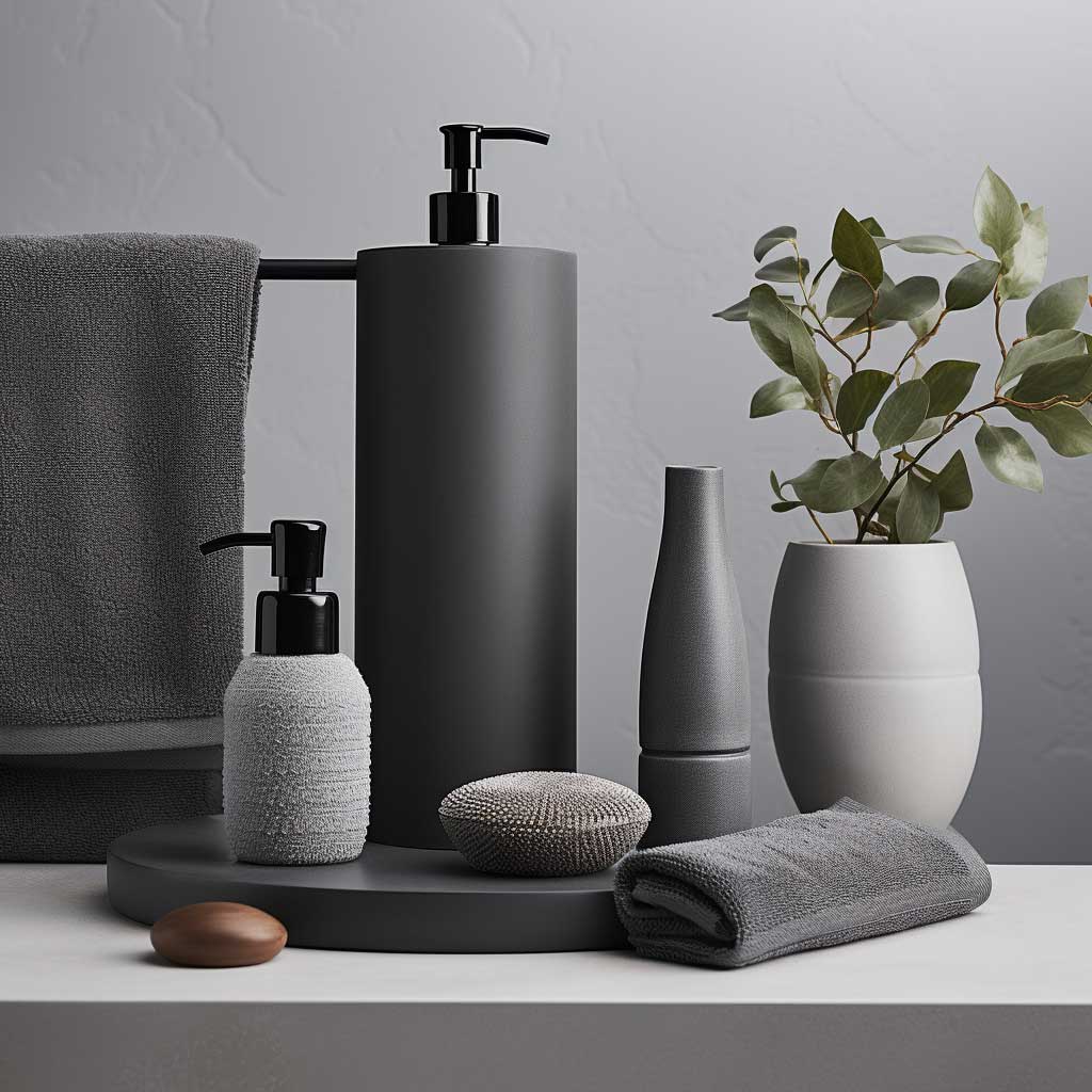 The photo presents a close-up view of bathroom accessories, including towels, a soap dispenser, and a vase, all in various shades of grey, enhancing the modern luxury vibe.