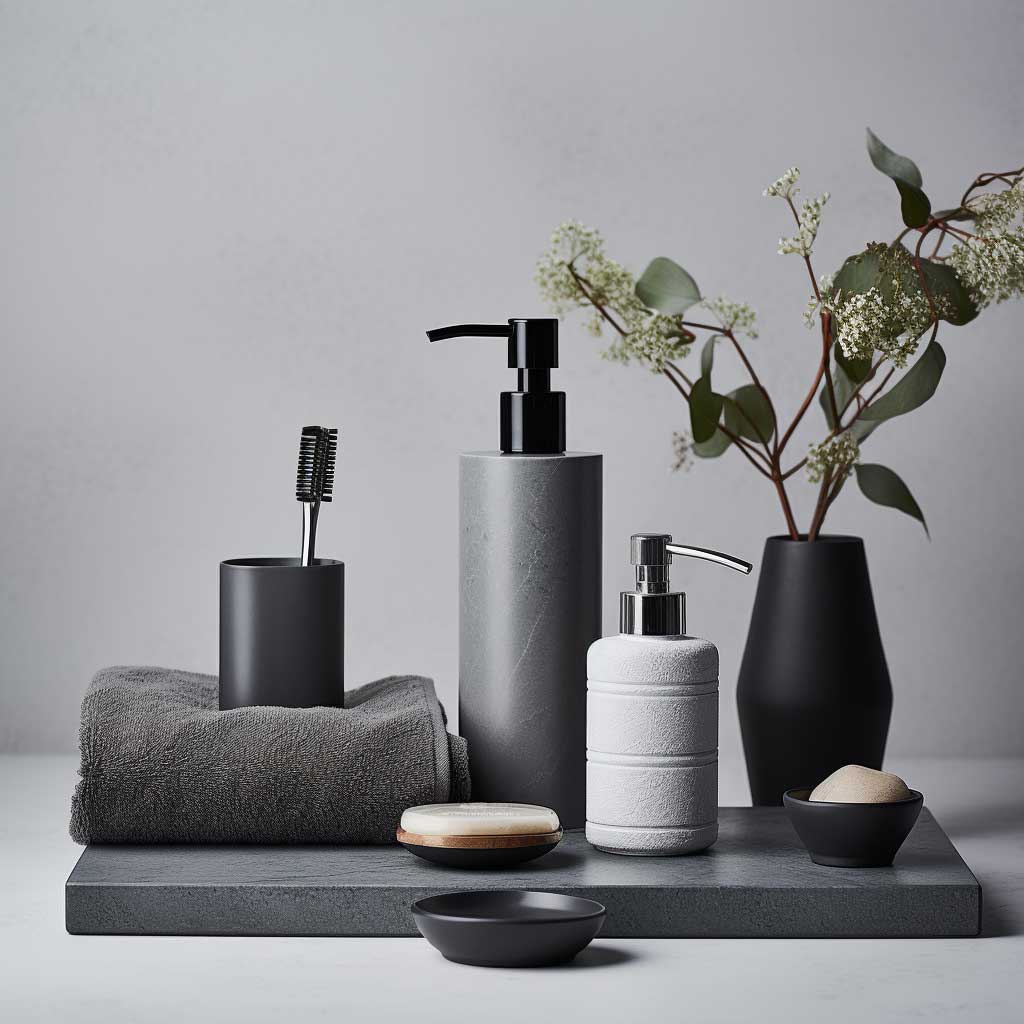 The photo presents a close-up view of bathroom accessories, including towels, a soap dispenser, and a vase, all in various shades of grey, enhancing the modern luxury vibe.
