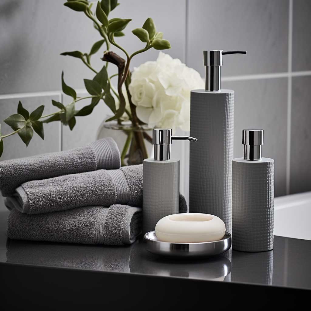 The photo presents a close-up view of bathroom accessories, including towels, a soap dispenser, and a vase, all in various shades of grey, enhancing the modern luxury vibe.