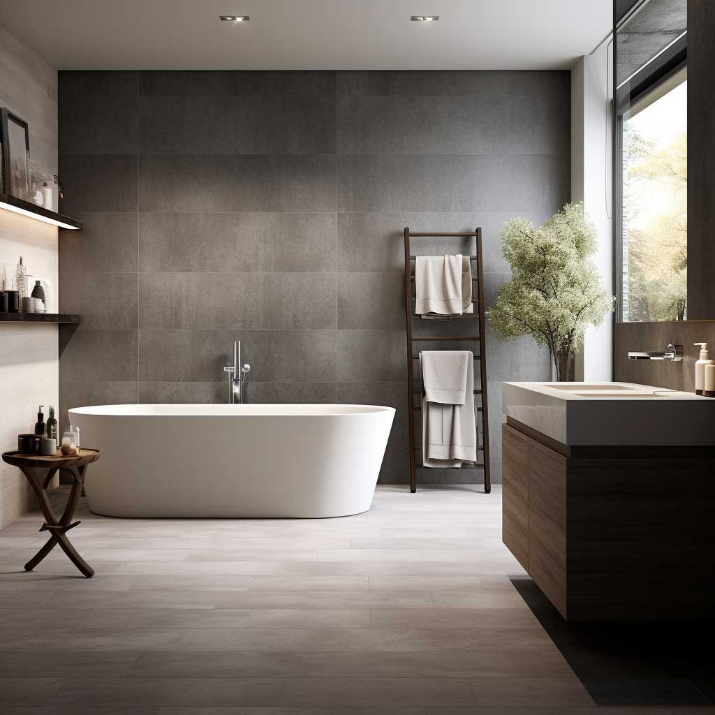 The picture features a modern grey bathroom showcasing a stunning free-standing bathtub and a sleek, wall-mounted vanity unit in matching grey tones.