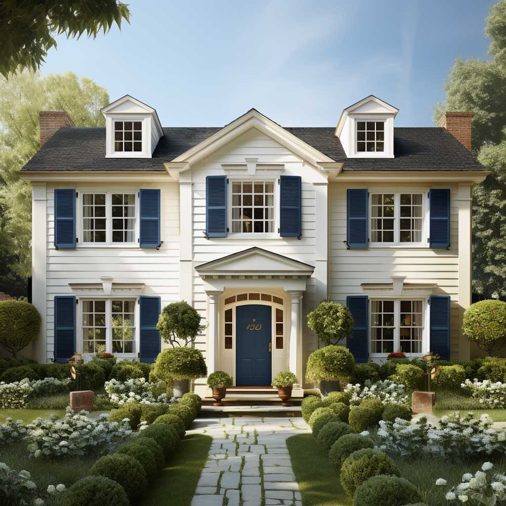 A classic two-story house exterior painted in a warm beige color, with white trim and a deep blue front door, set against a lush green landscape.