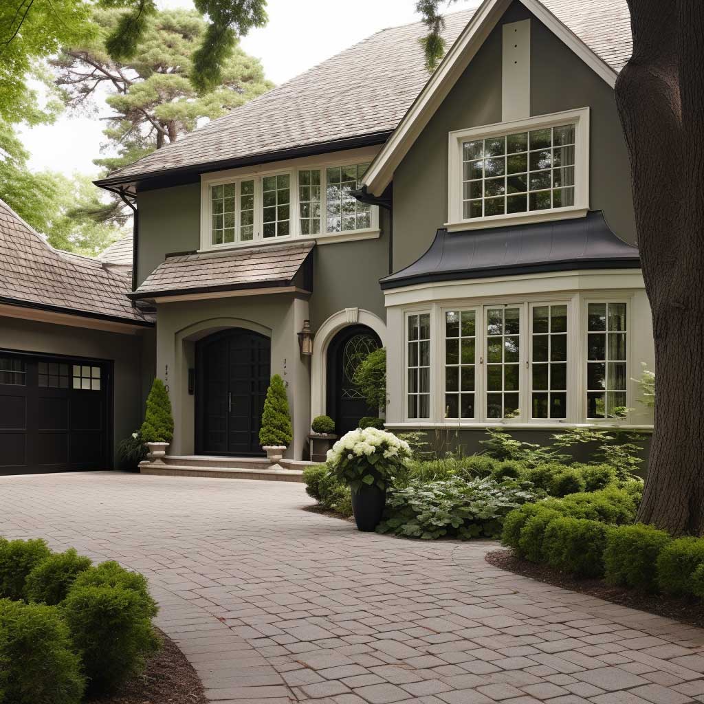 A large classic-style house painted in earthy taupe, with white window trims and a dark green front door, framed by mature trees and a cobblestone driveway.