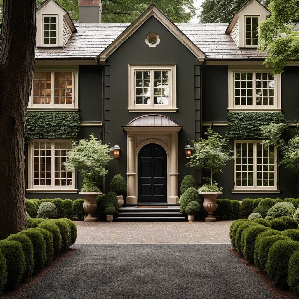 A large classic-style house painted in earthy taupe, with white window trims and a dark green front door, framed by mature trees and a cobblestone driveway.