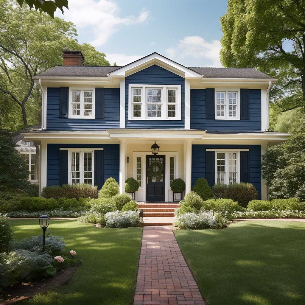 A classic two-story house exterior painted in a warm beige color, with white trim and a deep blue front door, set against a lush green landscape.