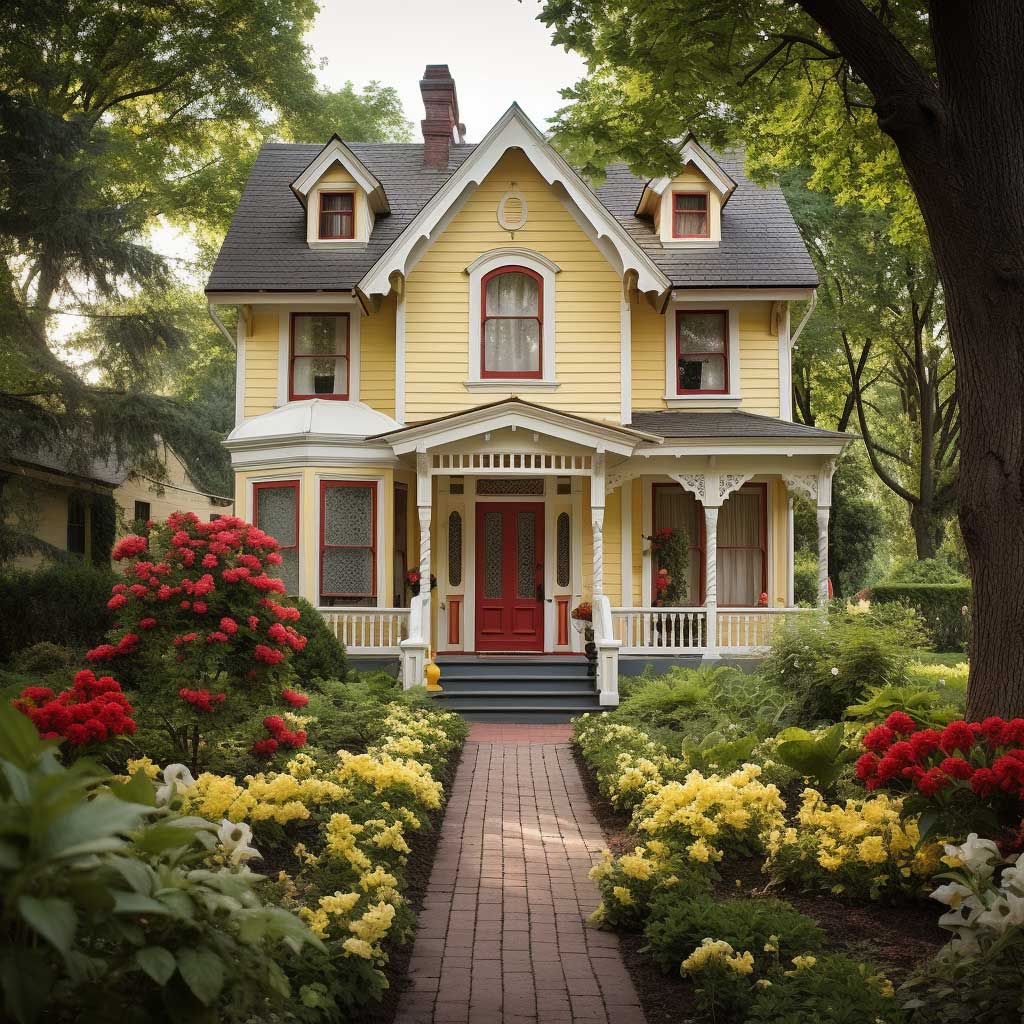 A classic Victorian house painted in pastel yellow, with white accents and a vibrant red door, nestled amidst a blossoming garden.