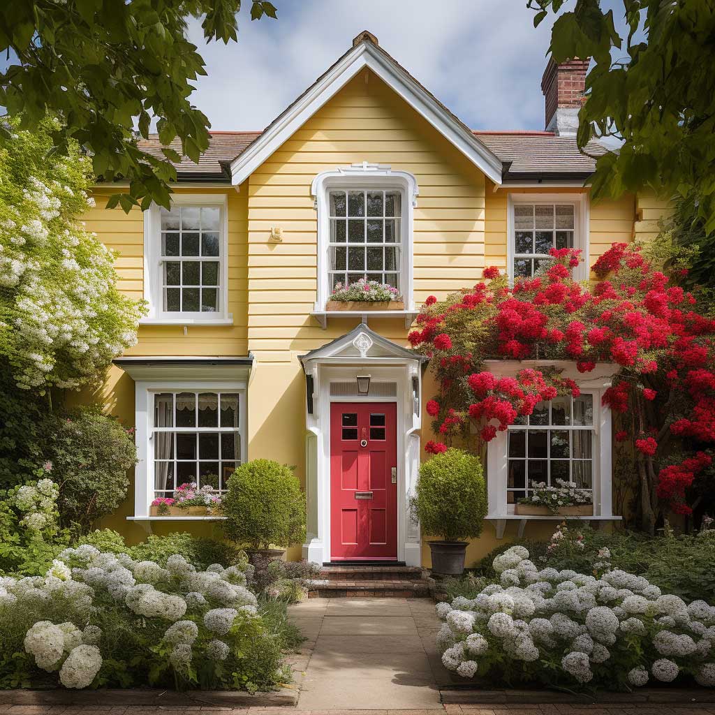 A classic Victorian house painted in pastel yellow, with white accents and a vibrant red door, nestled amidst a blossoming garden.