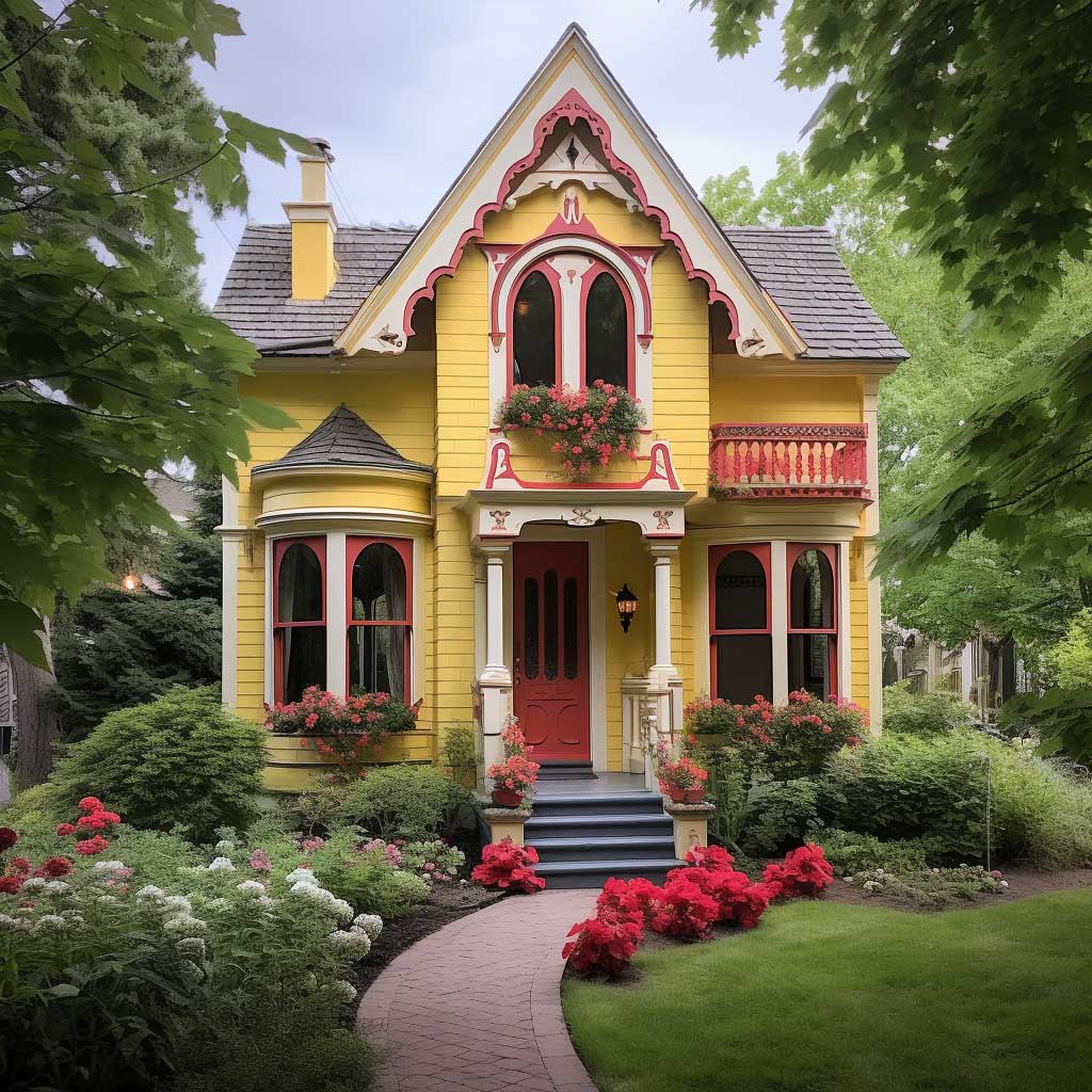 A classic Victorian house painted in pastel yellow, with white accents and a vibrant red door, nestled amidst a blossoming garden.