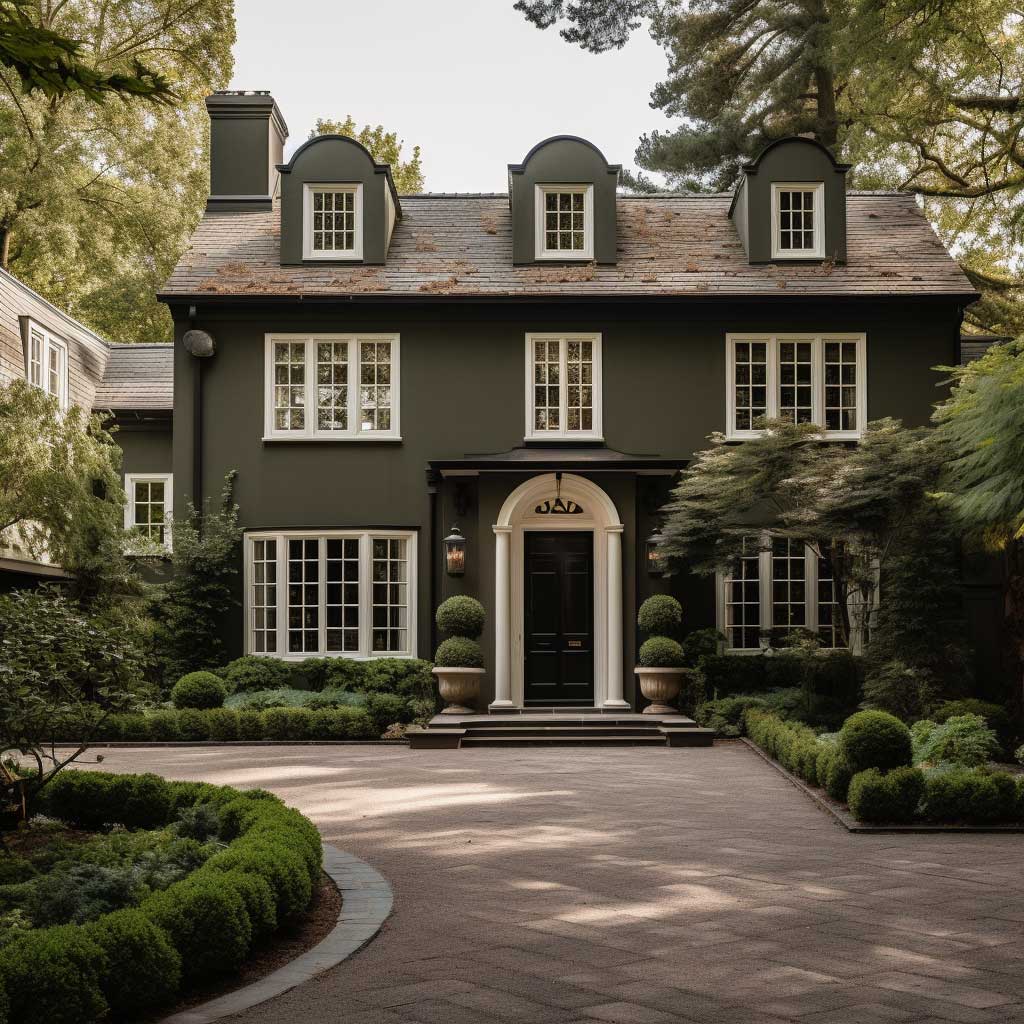 A large classic-style house painted in earthy taupe, with white window trims and a dark green front door, framed by mature trees and a cobblestone driveway.