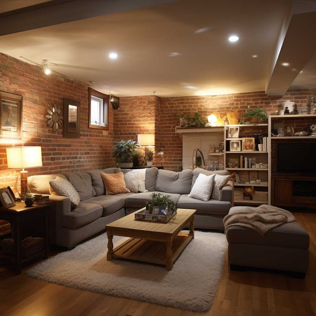 A warm and inviting basement with exposed brick walls, complemented by soft lighting and cozy furnishings.