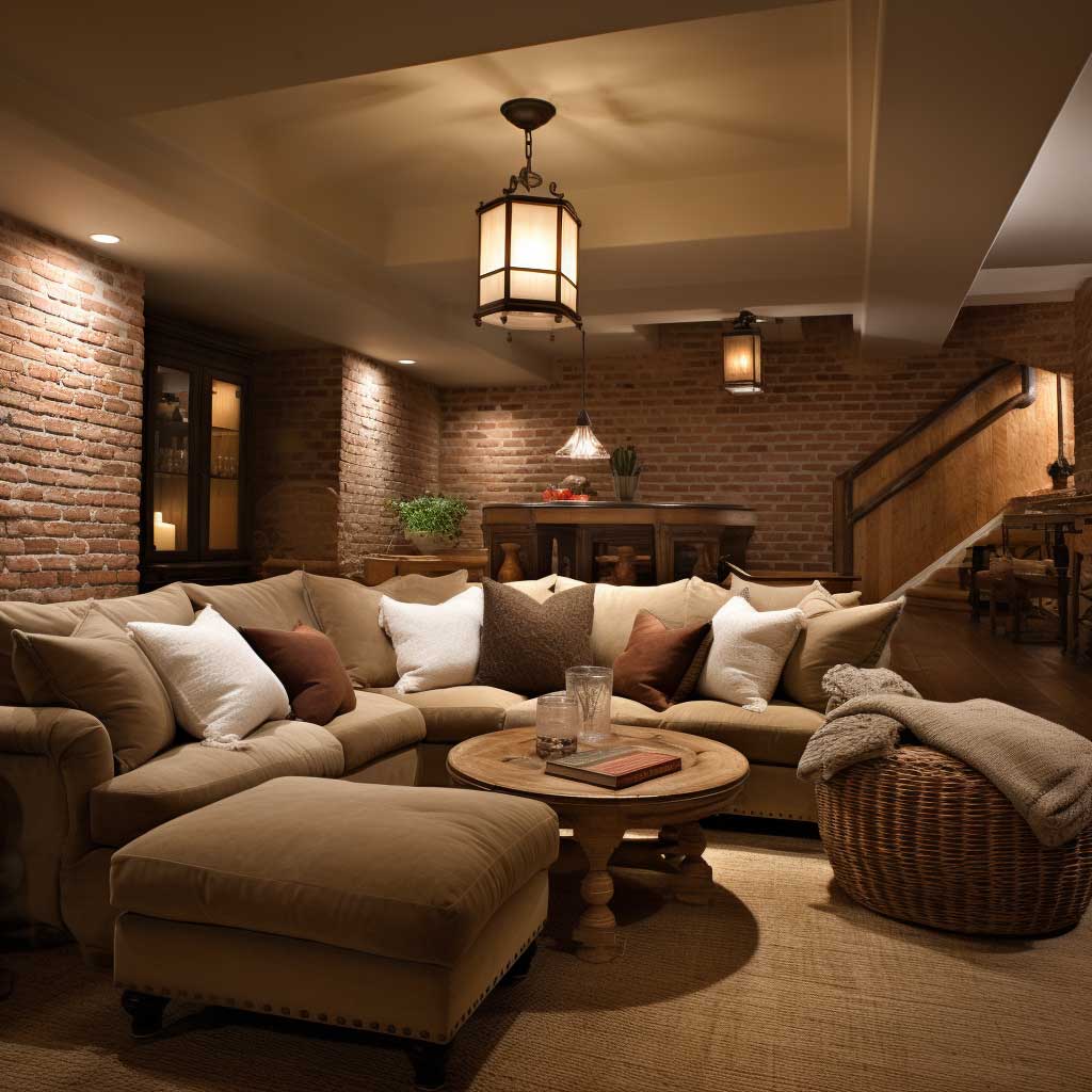 A warm and inviting basement with exposed brick walls, complemented by soft lighting and cozy furnishings.