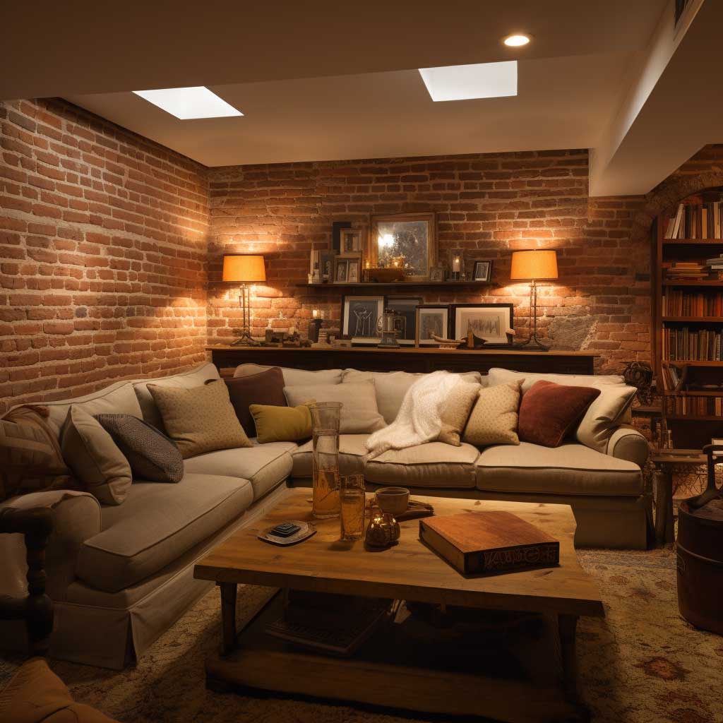 A warm and inviting basement with exposed brick walls, complemented by soft lighting and cozy furnishings.