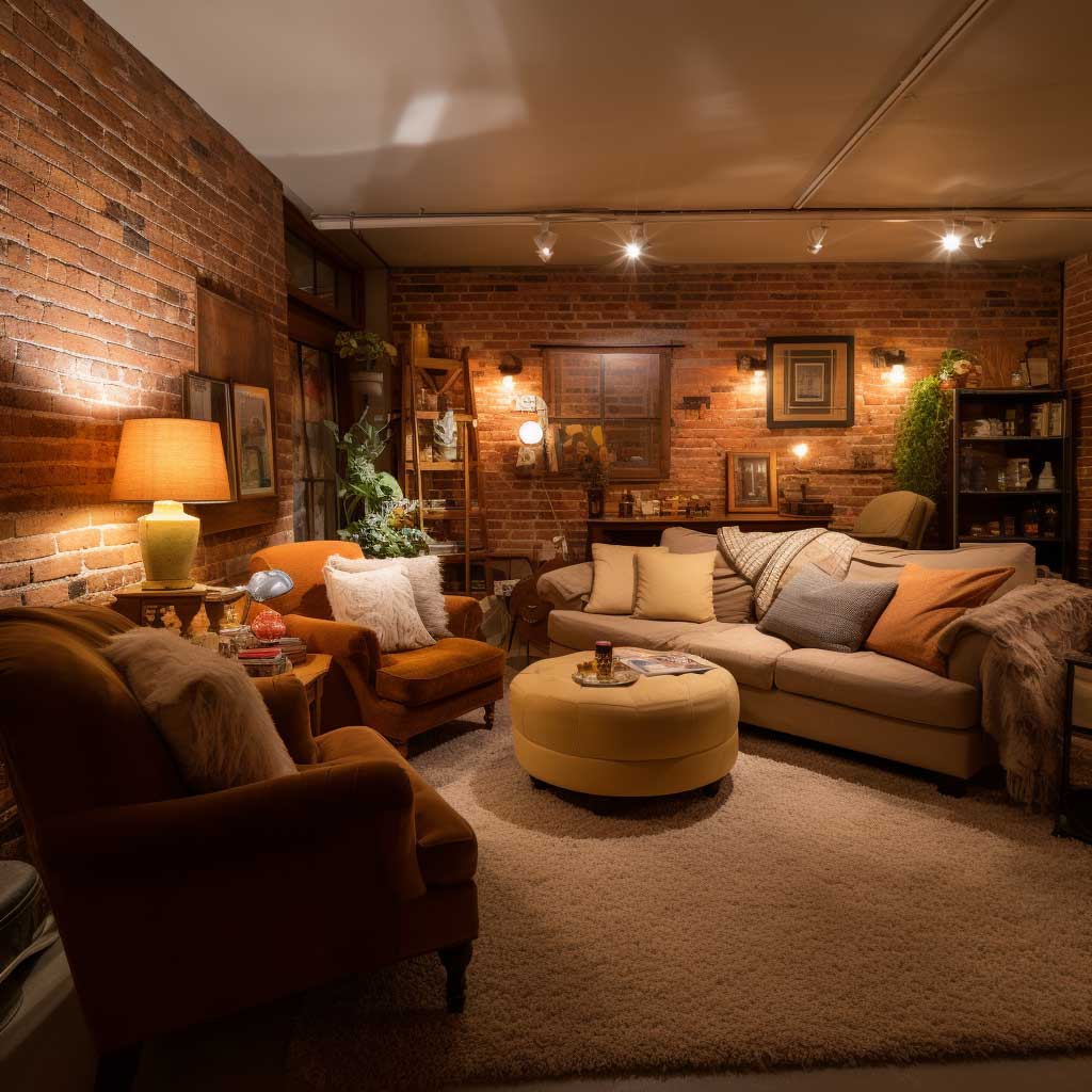 A warm and inviting basement with exposed brick walls, complemented by soft lighting and cozy furnishings.