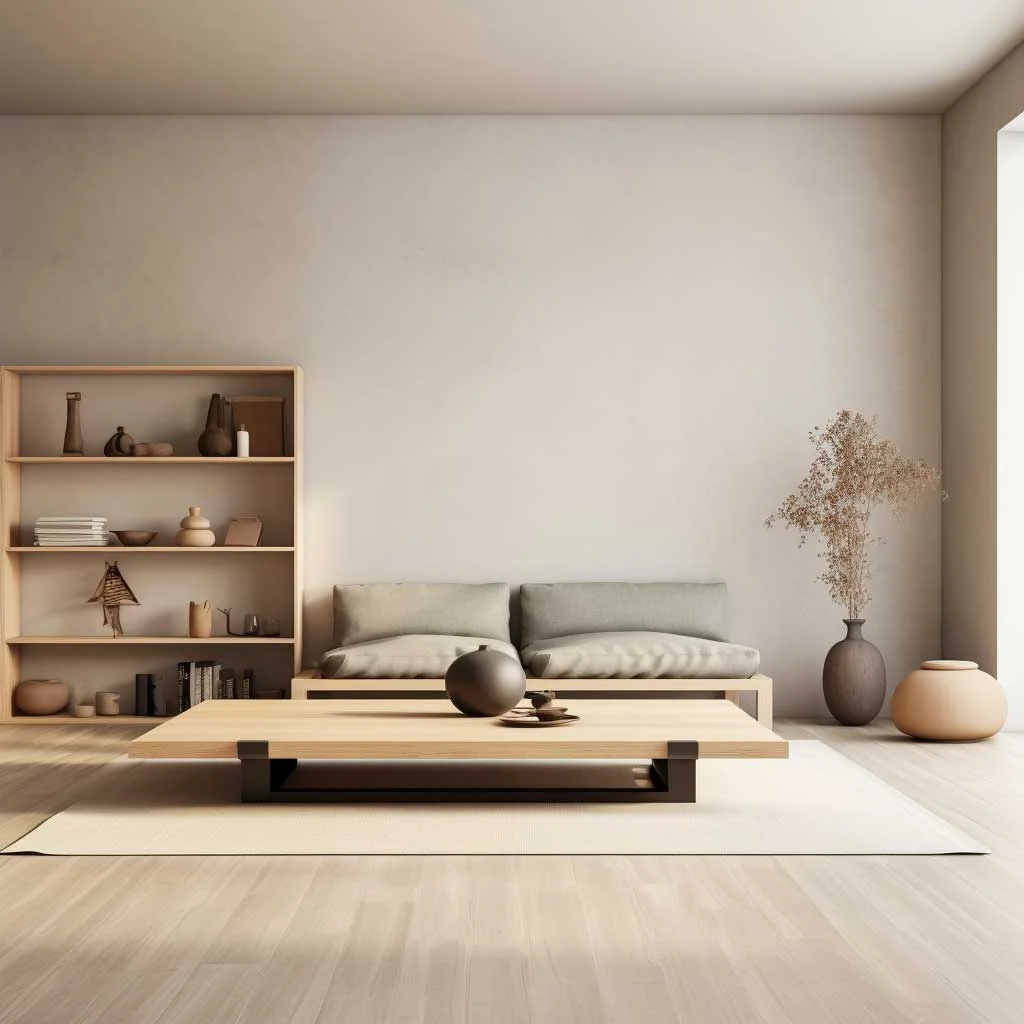 A minimalist Japanese living room featuring clean lines, muted colors, and clutter-free surfaces.