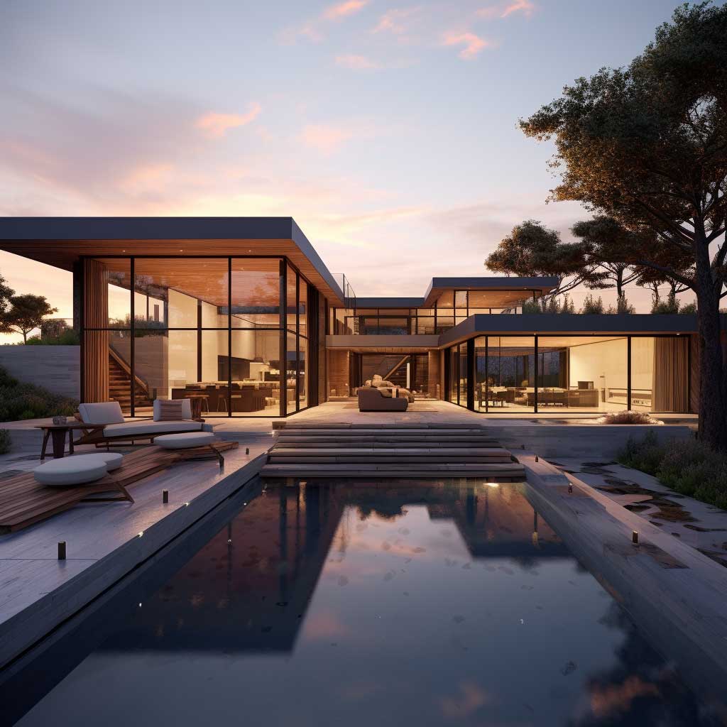 A modern L-shaped house with a large, clear pool at sunset, casting warm hues on the surrounding landscape.