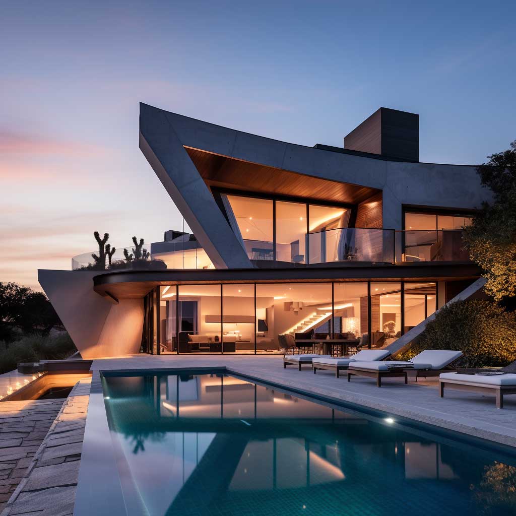 An angled view of an L-shaped house with pool illuminated under the soft glow of twilight.