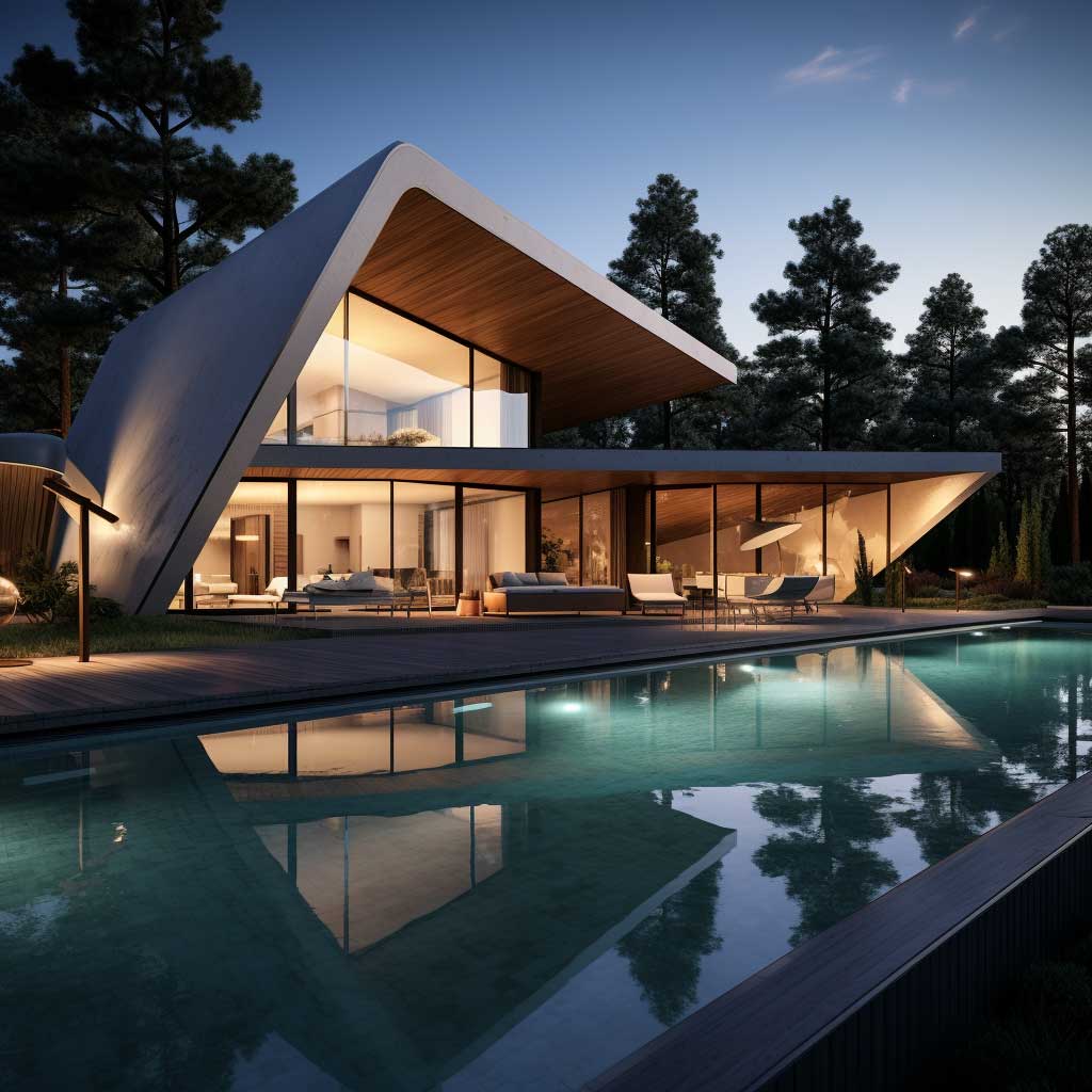 An angled view of an L-shaped house with pool illuminated under the soft glow of twilight.