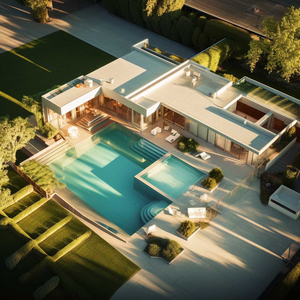 An aerial view of an L-shaped house and its mirror-like pool reflecting the early morning light.