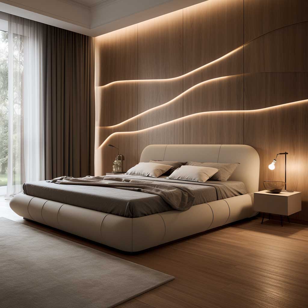 A stunning bedroom highlighting a bed backed by a gorgeous LED panel, giving off a gentle light that accentuates the space beautifully.