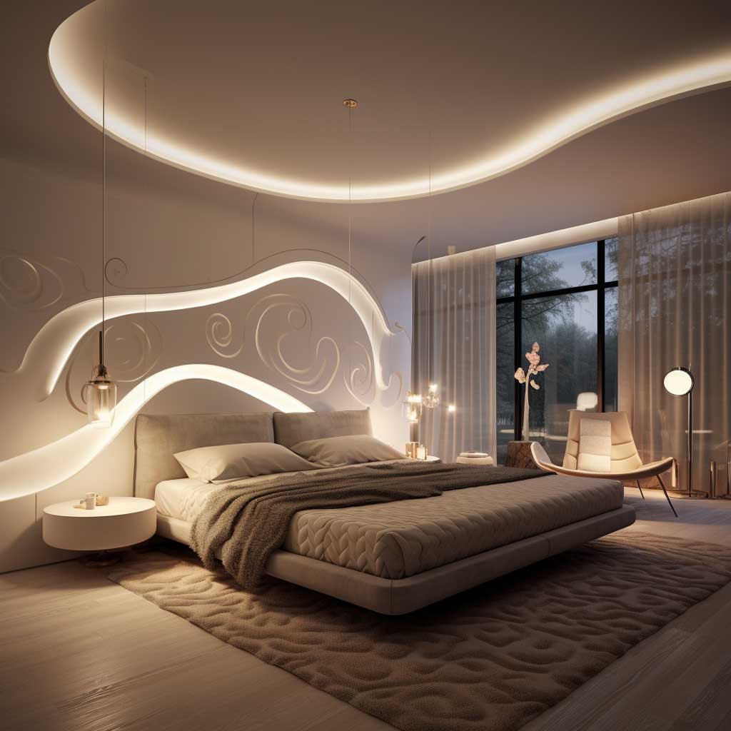 An elegantly designed bedroom featuring a large LED panel on the ceiling, casting a warm and ambient light that adds depth and dimension to the room.