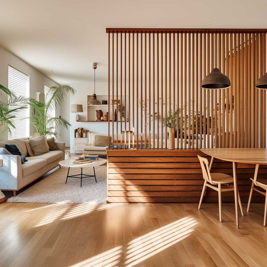 A photo showcasing an open-plan home with a stylish wooden slat partition separating the living room.