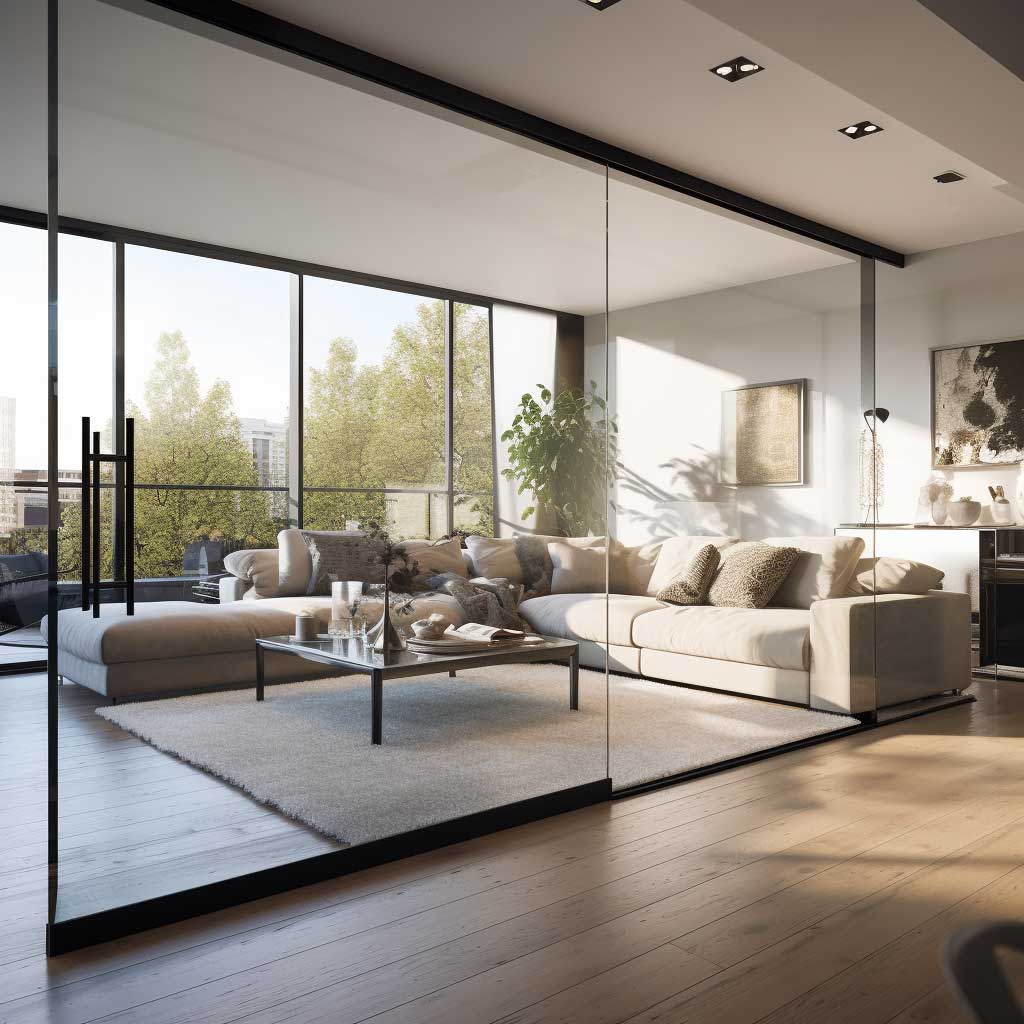 An image of a bright living room separated by a sleek glass partition.