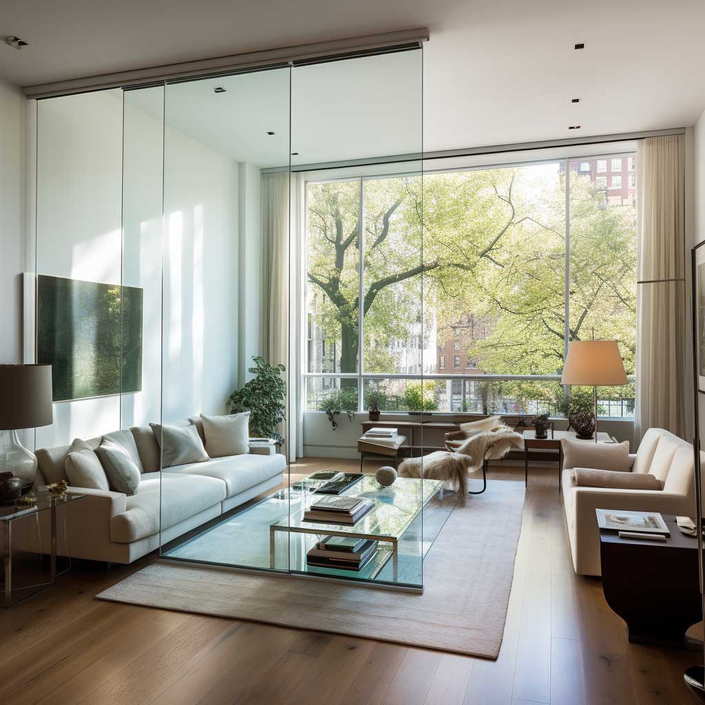 An image of a bright living room separated by a sleek glass partition.