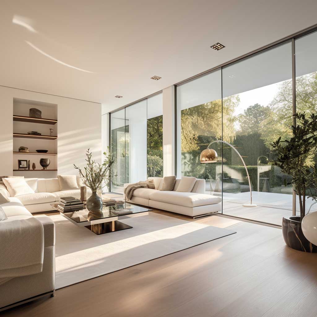 An image of a bright living room separated by a sleek glass partition.