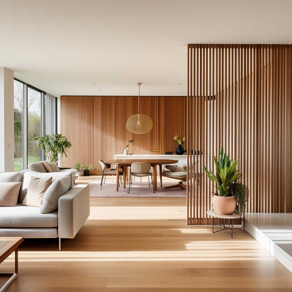 A photo showcasing an open-plan home with a stylish wooden slat partition separating the living room.