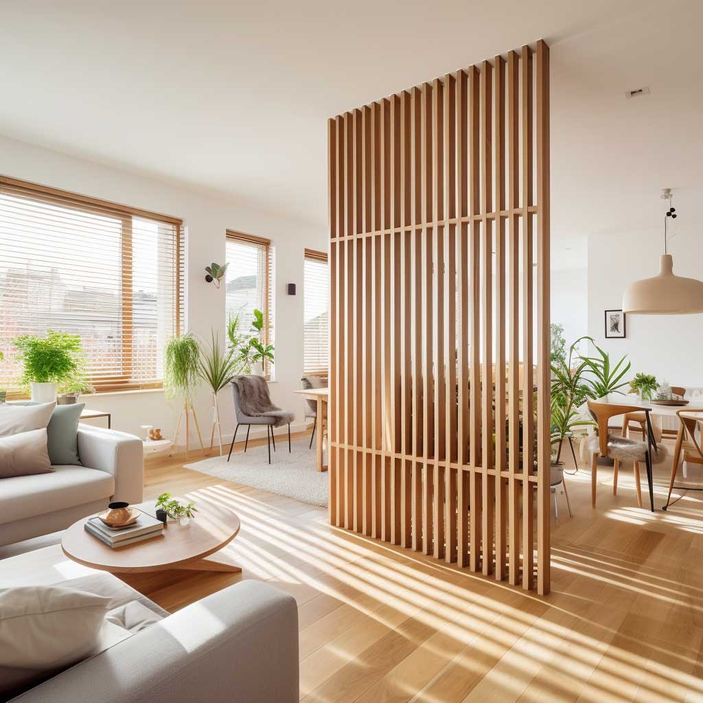 A photo showcasing an open-plan home with a stylish wooden slat partition separating the living room.