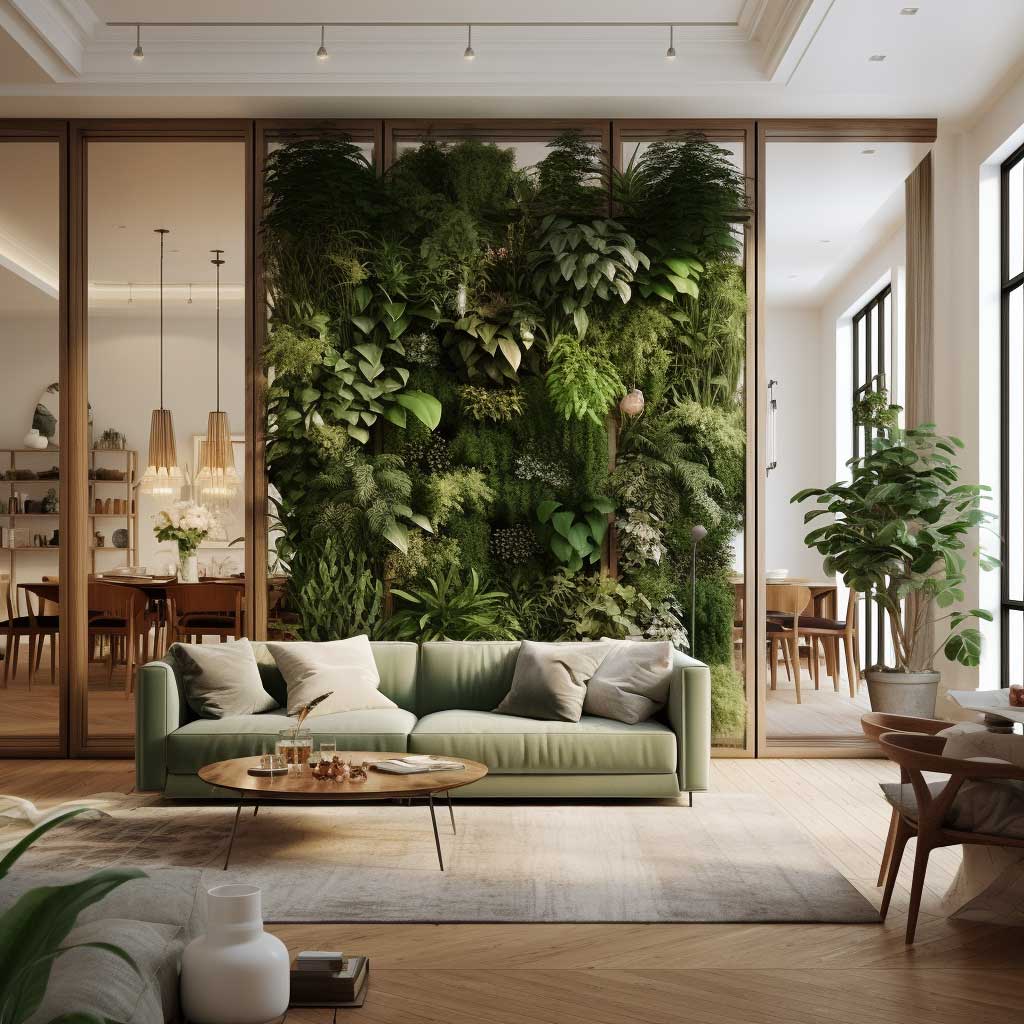An image depicting an open-plan living room separated by a green, plant-filled partition.