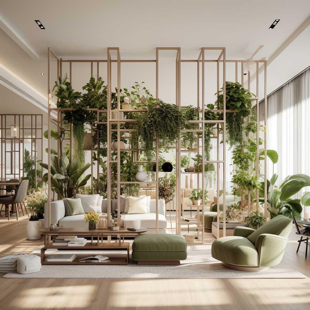 An image depicting an open-plan living room separated by a green, plant-filled partition.