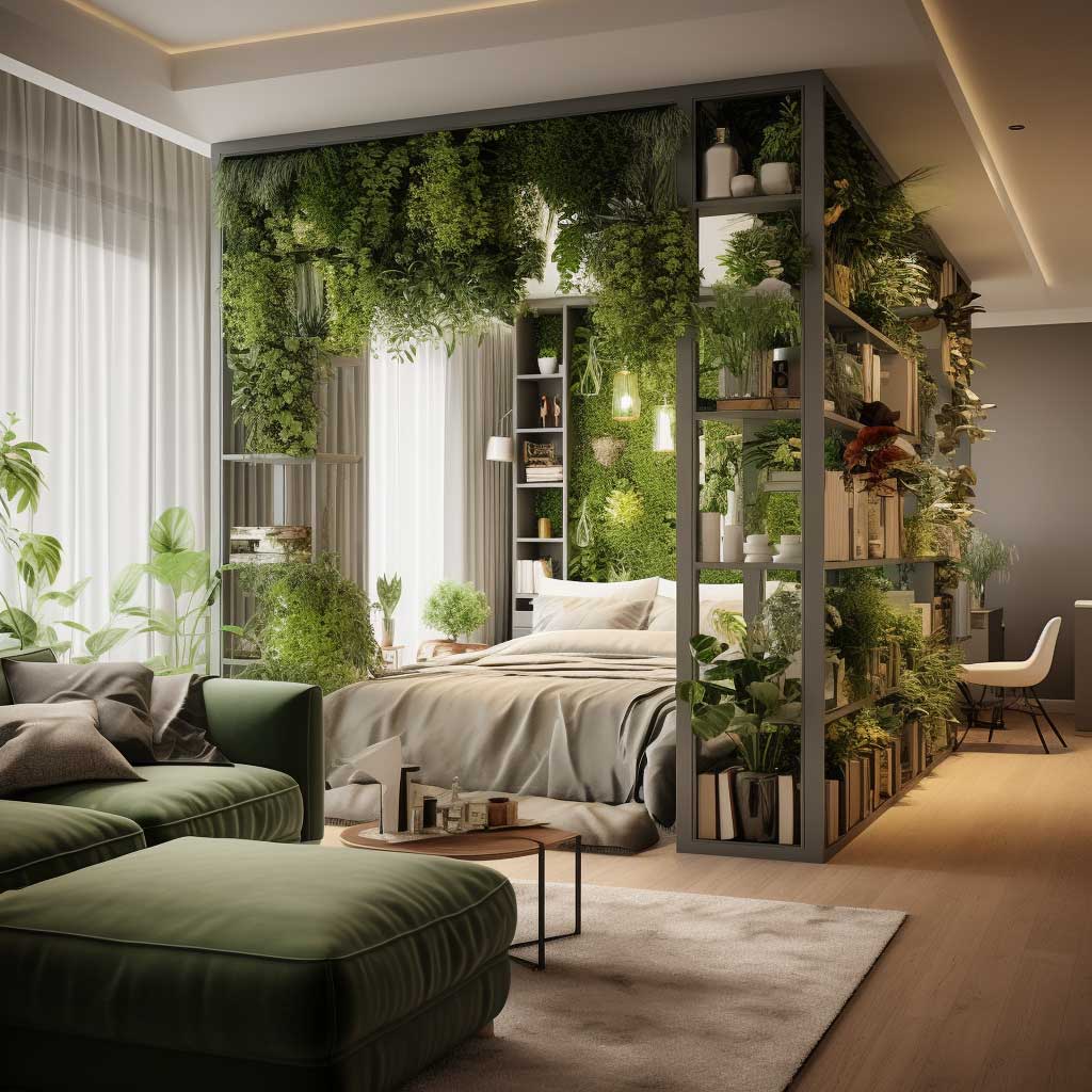 An image depicting an open-plan living room separated by a green, plant-filled partition.