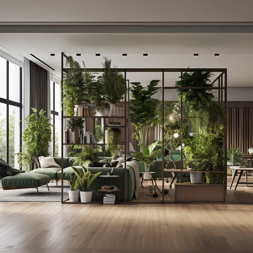 An image depicting an open-plan living room separated by a green, plant-filled partition.