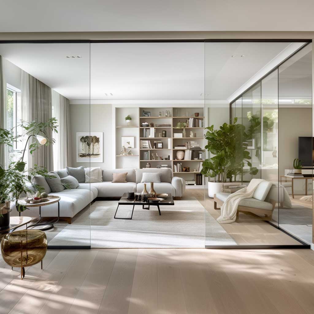 An image of a bright living room separated by a sleek glass partition.