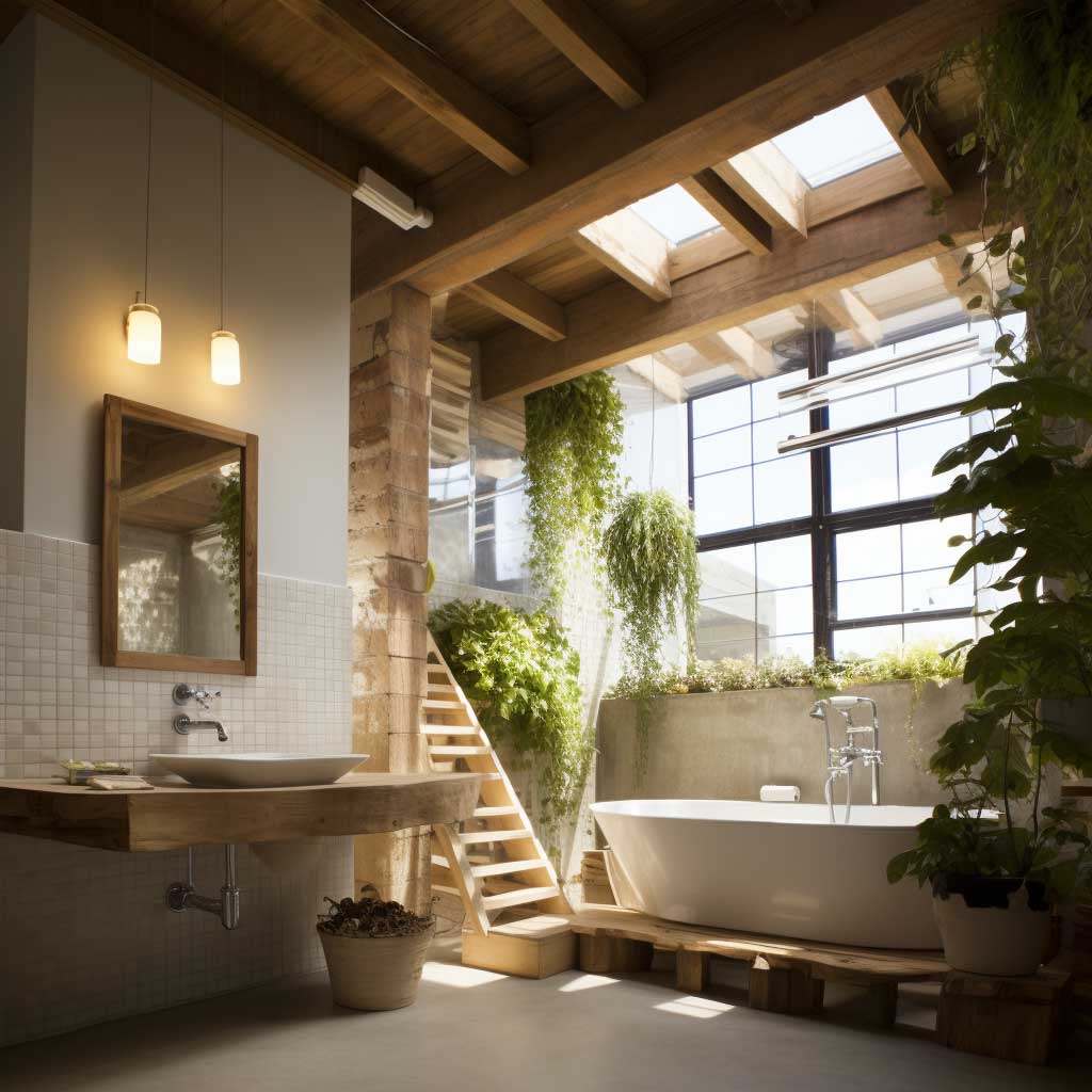 A loft bathroom showcasing eco-friendly design elements.